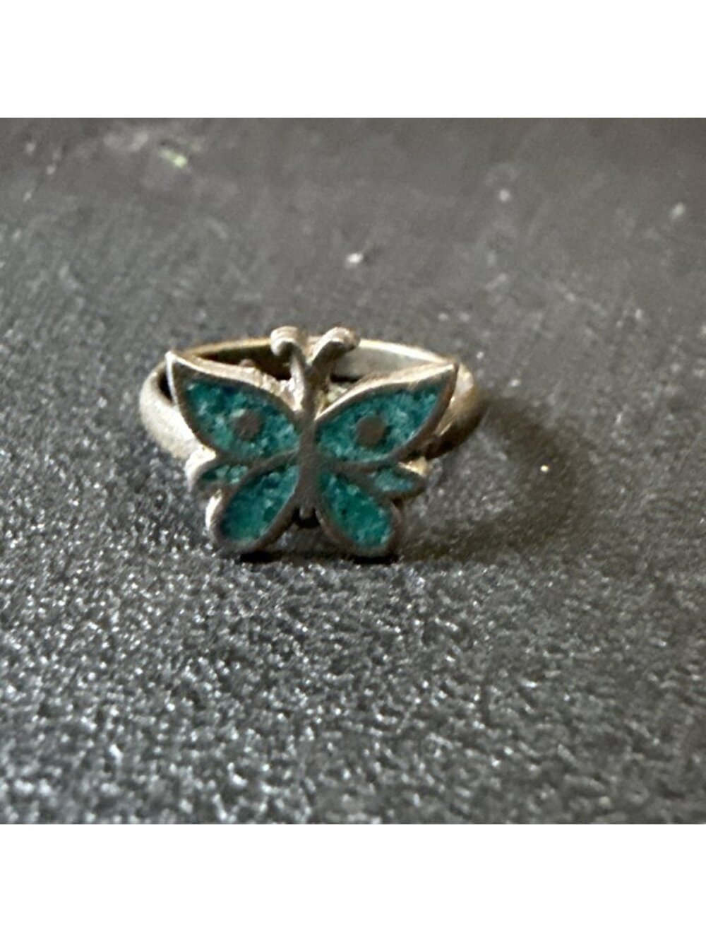 Vtg Sterling Silver Turquoise Coral Chip Inlay Butterfly Ring Size 3
